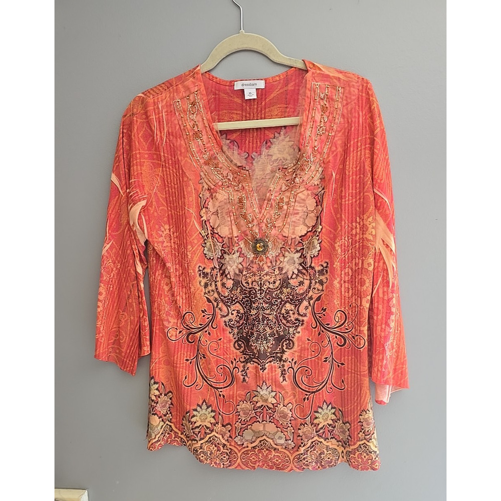 Dressbarn Orange Floral Beaded Embellished Artsy Grunge‎ Boho Top Womans Size XL